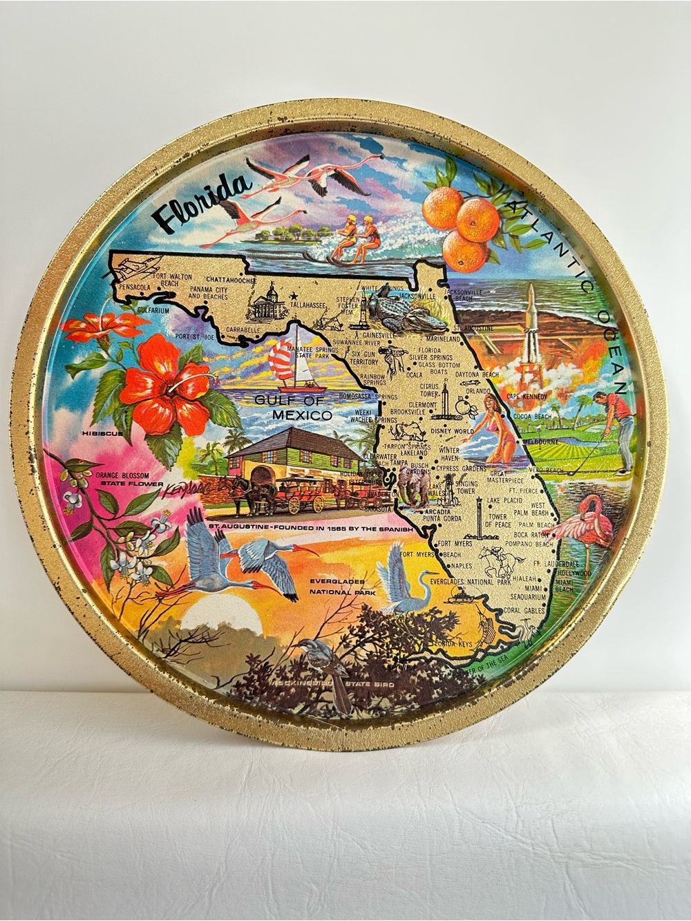 Vintage Florida Decorative Round Wall Art Tray - Retro